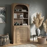 BELLEZE Display Storage Cabinet with Hutch, 72' Tall Wood Modern Bookshelf with 3 Drawers, Door Cabinet for Office, Study, Kitchen, Dining Living Room, Camel