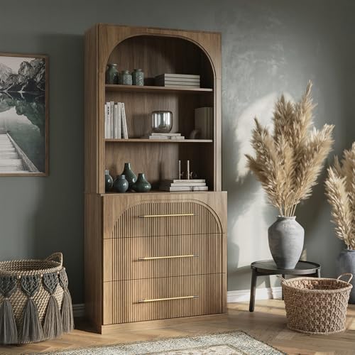 BELLEZE Display Storage Cabinet with Hutch, 72" Tall Wood Modern Bookshelf with 3 Drawers, Cabinet for Office, Study, Kitchen, Dining Living Room, Camel