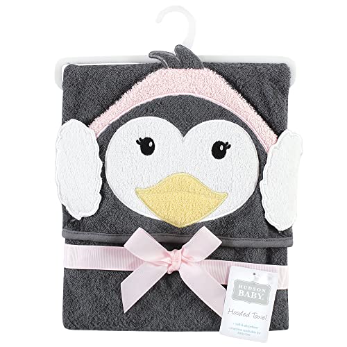 Image of Hudson Baby Unisex Baby Cotton Animal Face Hooded Towel, Earmuff Penguin, One Size