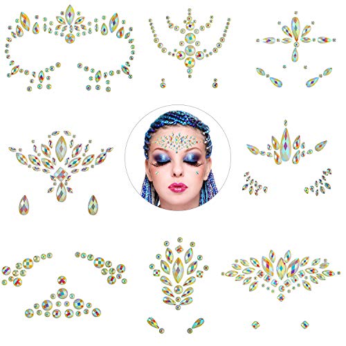 8 Pieces Noctilucent Face Gems Luminous Temporary Tattoo Rhinestone Stickers Waterproof Glitter Face Jewels for Halloween, Party, Rave Festival, Dress-up Decoration