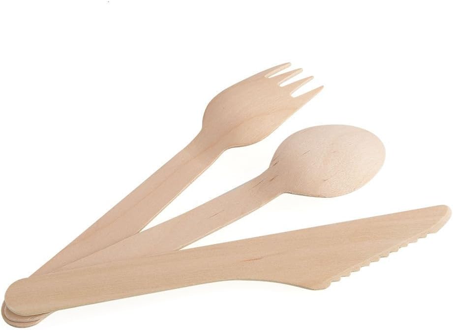 HUJI Disposable Wooden Cutlery Set | All Natural 100% Eco-Friendly Biodegradable Compostable | 50 Spoons 50 Forks 50 Knives | For Birthday Party Events Holiday Family Gathering Camping BBQ Picnics