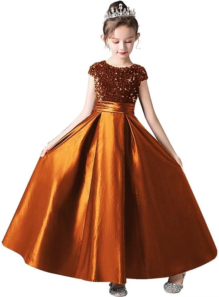 dideyttawl Girls Long Satin Dress Sequins Top Formal Pageant Dresses 503