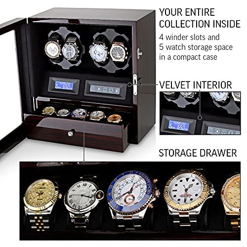 Image of 4 Watch Winder with 5 Watch Storage Space, LCD Display, Touch Control and Interior Light