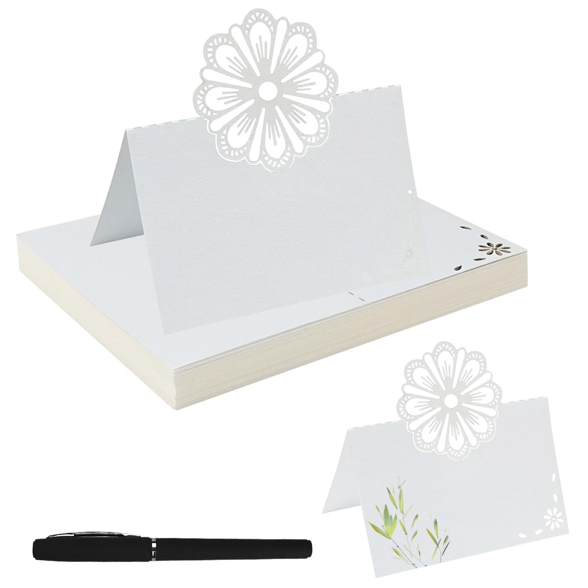 huahuo 50 Flower Shaped Hollow Place Cards, Elegant Wedding Table Name Cards with Pen for Personalized Table Settings
