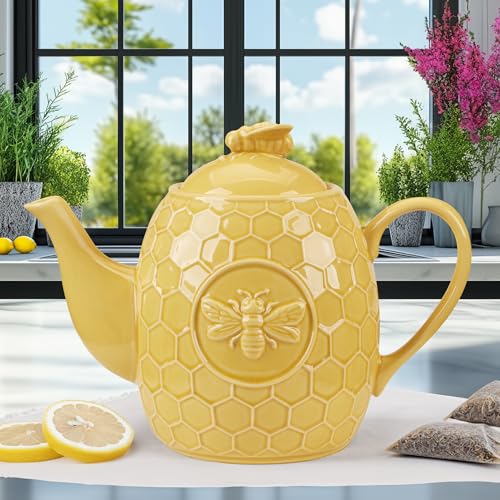 Certified International French Bees Embossed Honeycomb 40 oz. Teapot, 9.25" x 5.25" x 6.9"