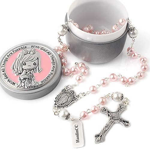 HanlinCC 6mm Pink Glass Pearl Beads First Rosary Necklace with Silver Zinc Alloy Rosary Box (Pink Pearl Miraculous Rosary with Box for Girl)