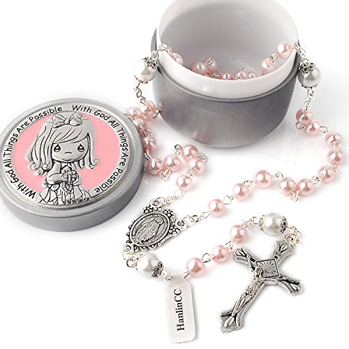 HanlinCC 6mm Glass Pearl Beads First Communion Rosary Necklace with Silver Zinc Alloy Rosary Box