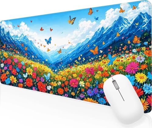 Alfombrilla de Ratón XXL para Juegos de Velocidad Mariposa Flor 800x300x3mm XXL Tapete Escritorio Ordenador, Tapete Escritorio con Bordes Cosidos, para Oficina, Hogar Decor, Regalos para hombres J-209