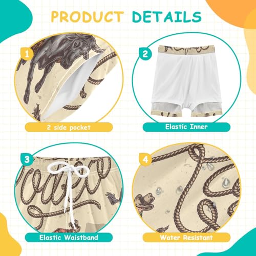 Boy Swim Trunks with Compression Liner Size 7 Retro Rodeo Bulls Kids Swim Shorts Quick Dry Wild Cowboy Bathing Suit with Boxer Brief Liner4