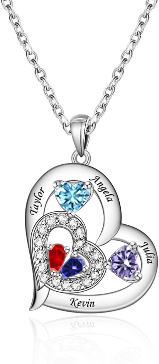 LucySky Personalized Heart Necklace with 1-10 Simulated Birthstones, Sterling Silver Necklace for Women, Custom Birthday Day, Mother's Day Gift for Wife, Girlfriend, Grandma