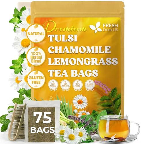 Image of FreshDrinkUS, Premium 75 Tea Bags Tulsi Chamomile Lemongrass Herbal Tea | Blend with Holy Basil, Chamomile Flowers & Lemongrass Leaves - Naturally Caffeine-Free, Soothing Herbal Infusion. Vegan
