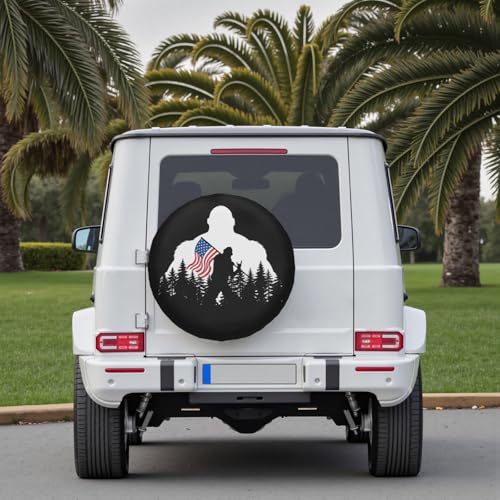 Image of American Flag Spare Tire Cover Bigfoot Hiking Wheel Covers 17 Inch | Black White,Polyester,Protectors Tire Cover,Waterproof,Dust-Proof,Universal,Fit for RV Jeep SUV Motor Travel Camper Tires