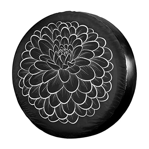 Image of Beautiful Monochrome Black and White Dahlia Flower Spare Tire Cover Dust-Proof Wheel Tire Cover Fit Trailer, RV, SUV and Many Vehicle 17 Inch
