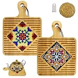 Bamboo Trivet Set for Hot Dishes - 2 Large Vintage Pattern Bamboo Trivets + 1 Woven Straw Placemat, Heat-Resistant Hot Pads for Kitchen Countertops and Tables, Trivets for Hot Pots and Pans