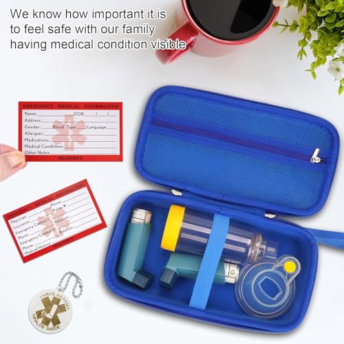 Image of MGZNMTY Travel Carrying Case Compatible with Asthma Inhaler Spacer for Adults and Children, Masks, Inhaler Holder with Asthma Alert Tag and Medical Card, Carabiner (Only Case) (Blue)