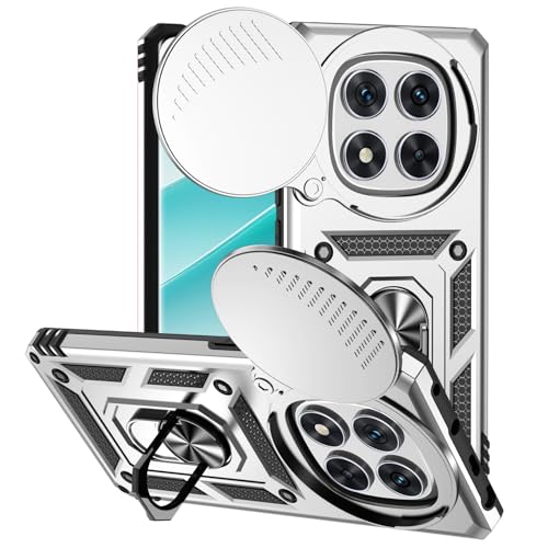 JNERBUYI Funda Magnética para Xiaomi Redmi Note 14 Pro 4G con Anillo, Carcasa Protectora con Cubierta de Lente, Funda Conectar Soporte Magnético Coche.. Plata