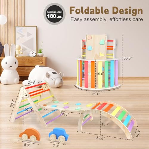 Image of Triangle Climbing Set, 7 in 1 Wooden Climbing Toys for Toddler 18 Months-3 Years Inside, Foldable Colorful Montessori Jungle Gym, Pikler Triangle Toddler Indoor Playground with Cars Arch Ramp Ladder