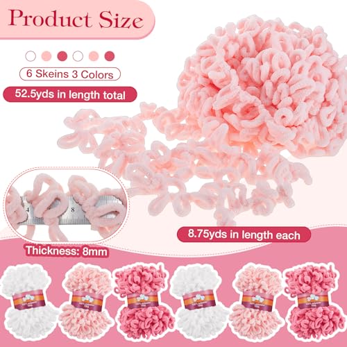 Image of Threlaco 6 Pack Loops Yarn Bulk for Finger Knitting Soft Chunky Yarn 600 G / 6 Skeins for Beginners DIY Hand Knitting No Needles or Hooks (White, Pink, Carmine)