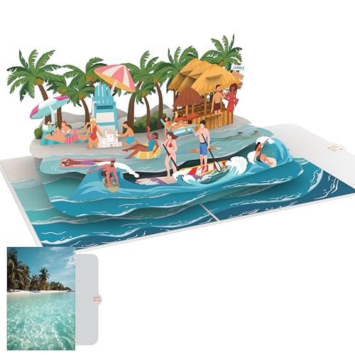 PACKLIST Cartão Pop Up 3D de férias na praia, um presente original perfeito para viajantes e amantes do mar, ideal como vale para uma viagem praias paradisíacas, uma escapadela ou aniversário!