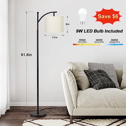 Ambimall Floor Lamps for Living Room with 3 Color Temperatures, Standing Lamp Tall with Adjustable Linen Shade, Tall Lamps for Living Room Bedroom Office Classroom Dorm Room, 9W Bulb Included - Image 3