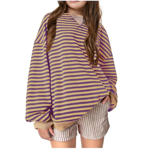 DDAPJ pyju Girls Oversized Sweatshirt Striped Fall Sweatshirts Long Sleeve Crewneck Pullover Kids Casual Tops 5-14 Years