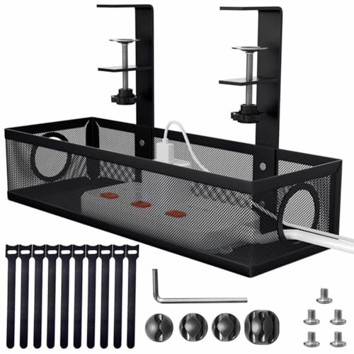 Image of Dyazo Under Desk Cable Management Tray | No-Drill Metal Mesh Rack with Clamp Mount | Wire Organizer Holder for Power Strips & Network Cables | Includes Zip Ties & Cable Clips for Home /Office - Black