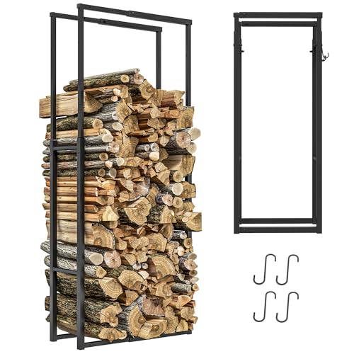 Outsunny Firewood Log Rack, Retractable Metal Wood Store Holder, Indoor Outdoor Fireplace Log Storage Shelf with Hooks, 65 x 25 x 150 cm, Black