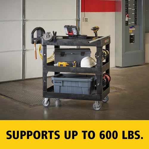 Image of Rubbermaid Commercial Brute 3-Shelf Heavy-Duty Utility /Service Cart, Medium, High Storage, Lipped Shelves, Ergonomic Handle, 600 lb. Capacity, Ideal for Warehouse /Garage /Cleaning /Maintenance /Office
