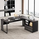Condemo L Shaped Executive Computer Desk with Mobile File Cabinet and LED Light, 63 inch Large Office Table Business Furniture with Storage and Drawers for Home Office, Gray and Black