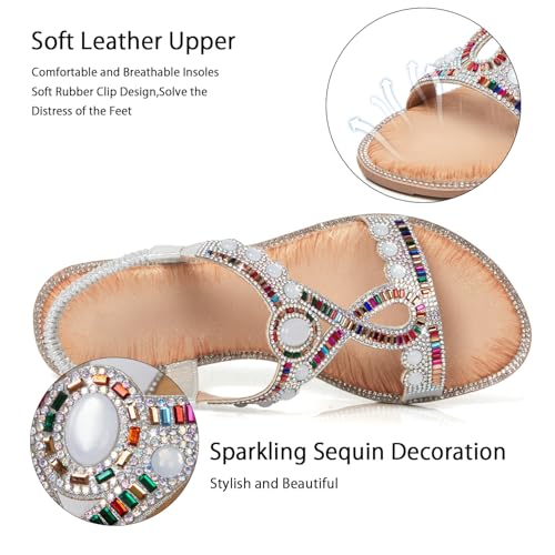Image of iCKER Womens Rhinestone Strappy Flat Sandals Elastic Ankle Strap Open‑Toe