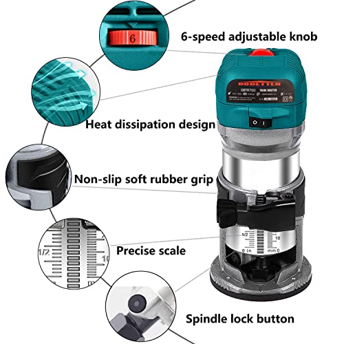 Dobetter 6.5-Amp Wood Router Tool, 1.25 Hp Compact Trim Router With 6 Variable Speed, 12 Wood Router Bits, 1/4" & 3/8" Collets And Dust Hood -Dbtr700 #TOP2