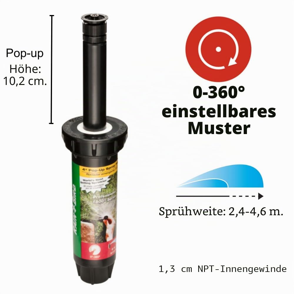 Rain Bird 1804AP4PK Professioneller Versenkregner, verstellbar, 0°-360°-Muster, 2,4-3,6 m, Sprühabstand, 10,2 cm Höhe, 4 Stück
