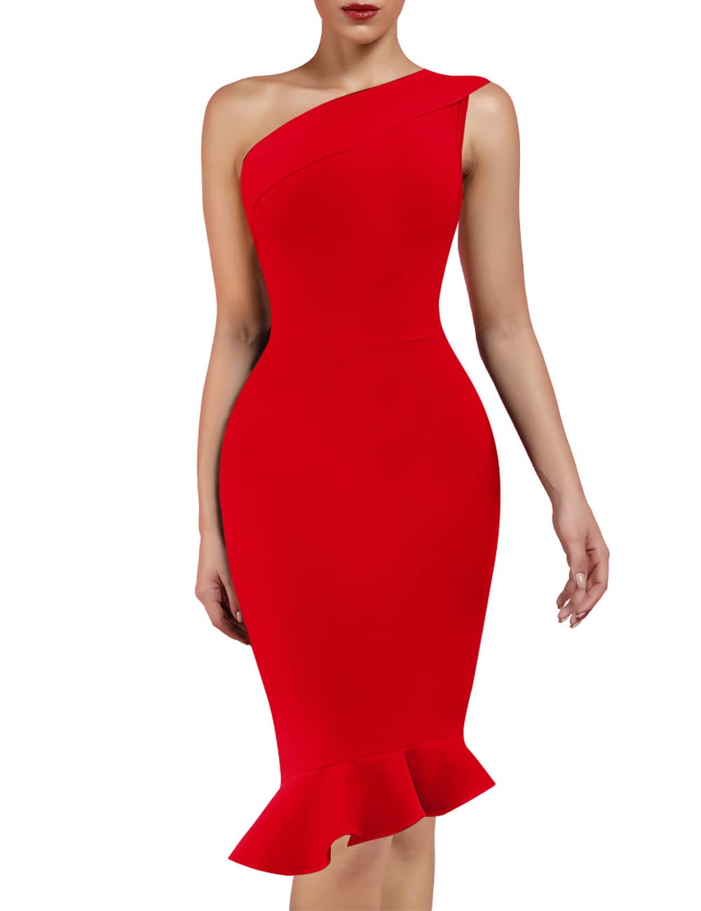 UONBOXWomen's One Shoulder Sleeveless Bodycon Dress Midi Mermaid Party Bandage Dress