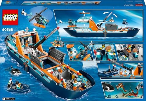 LEGO 60368 City Łódź badacza Arktyki, zabawka pływająca, model dużej łodzi z helikopterem, łodzią podwodną, wrakiem wikingów, 7 minifigurkami, prezent pod choinkę dla 7-latka, chłopca i