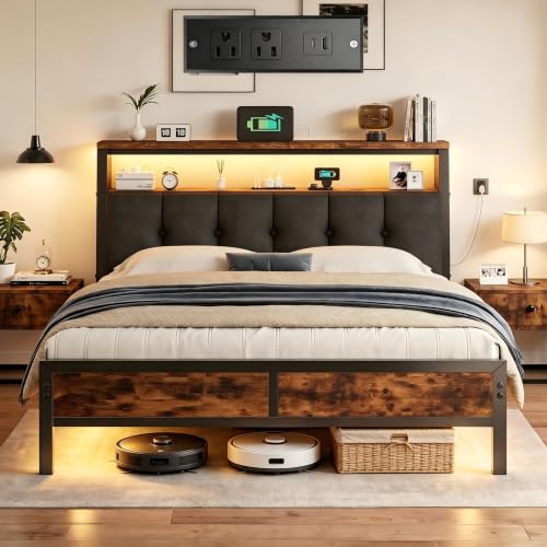 Image of Homkdom Queen Bed Frame with Charging Station and 12 inch Under-Bed Storage | Charging Station,LED Linghts,Upholstered Storage Headboard,Noise-Free,No-Sliding,Support,Vintage Brown