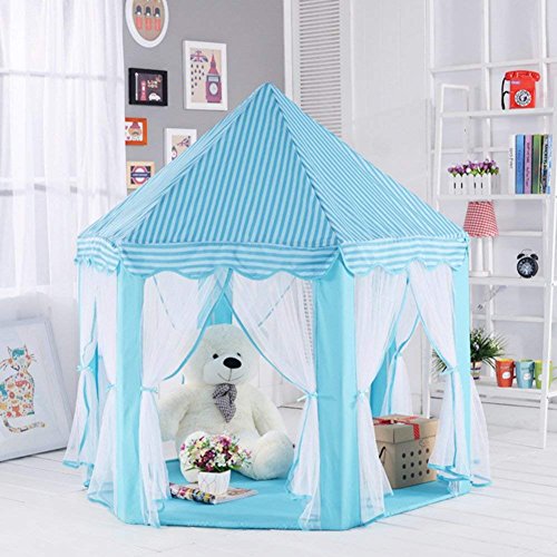 Image of BabyGo Kids Prince Princess Castle Theme Play Tent with Mosquito Net Design for Kids (Blue) | Indoor & Outdoor Playhouse for 2-12 Years | Size 140 x 135 x 70 cm