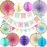 POTFGUI Wiederverwendbare Geburtstagsdeko, Pastellfarbene Happy Birthday Girlande, Wimpelkette, Wabenbälle, Pompons Deko, Kindergeburtstag Deko, Geburtstagsdeko Frauen