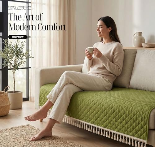Image of VAS COLLECTIONS 3 Seater Quilted Velvet Sofa Cover with Tassels | Soft Washable Sofa Protector for Living Room | Elegant Furniture Cover for Home Decor (Green)