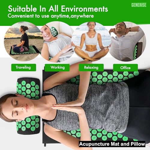 Acupressure Mat Generise Accupressure Body Mat and Pillow Set for Men & Women - Back, Neck and Muscle Pain Relief - Includes Travel Bag with Adjustable Strap (Black with Green Spikes) - Image 6