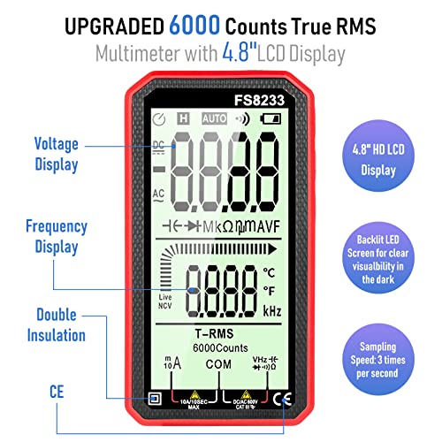 Image of Digital Multimeter - WOOKLEA Auto-Ranging Volt Tester 6000 Counts TRMS 4.8'' Display | Accurately Fast Measures Voltage Current Capacitance Continuity Resistance Temperature Diodes NCV (Red)