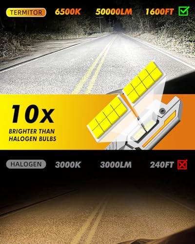 Termitor H4/9003/HB2 Light Bulbs, 50,000LM Ultra Brighter, 6500K Cool White, 70000Hrs Long Life with Cooling Fan, 1:1 Halogen Size, Plug and Play, H4 Fog Lights Bulbs, Pack of 2