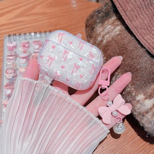 Image of MINSCOSE for Cute Glitter AirPods Pro 3rd Generation Case (2025) with Cleaner Kit,Shell Pattern Bow Ribbon Trendy Design with Bowknot Pearl Keychain for Girls Women for Airpods Pro 3-Pink