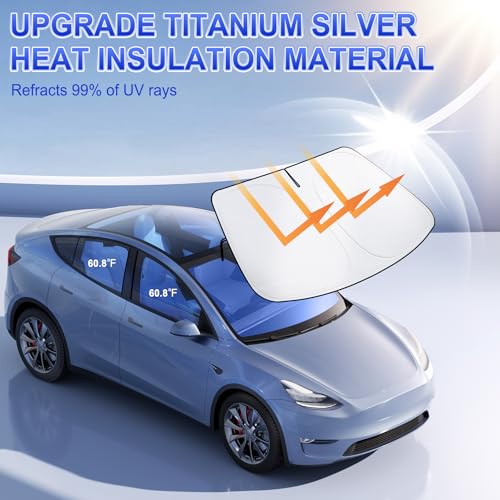 Image of SINGARO Car Windshield Sun Shade, Foldable Reflective Sun Shade for Car Windshield, Compatible with Tesla Model Y Model 3 2016~2025