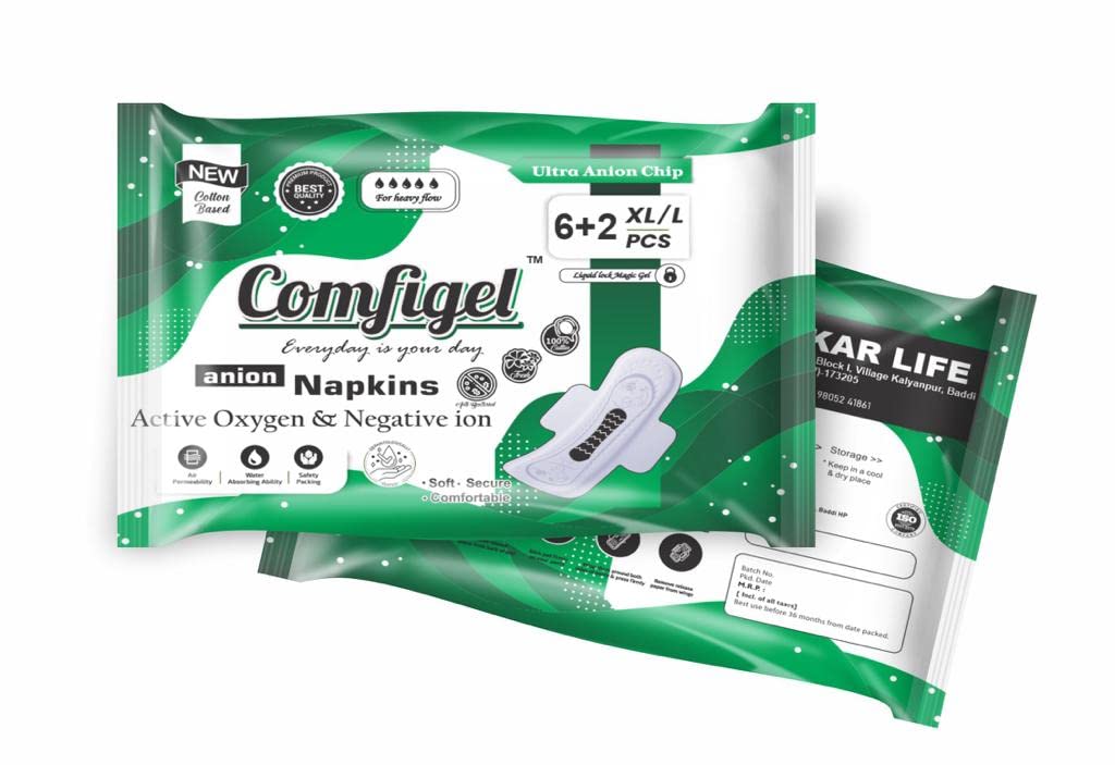COMFIGEL Anion Sanitary Napkin | Anion Day Use Pad for Extra Comfort | Unscented Sanitary Pads | (Pack of 8 x 2 Liner (Large, Blue Chip)