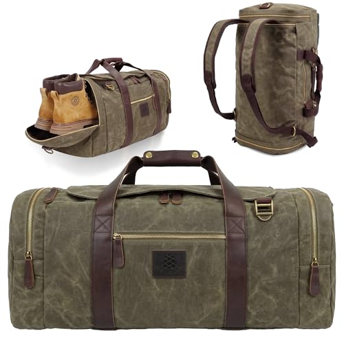 Densata Duffle Bag for Travel 50L Waxed Canvas Duffle Bag Vintage Travel Bag Overnight Bag with Shoes Compartment Men (Vintage Grey Large-50L)