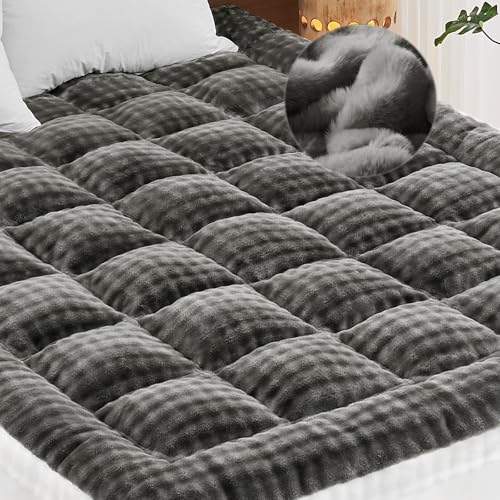 Image of Cymula Full Size Mattress Topper for Winter Fleece Bubble Pillow Top Mattress Pad with 8-21 Inch Elasticated Deep Pockets, Plush Down Alternative Fill Warm Fuzzy Mattress Protector, Grey