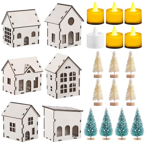 Arbres de Noël et village en bois blanc Hiboom, le cadeau idéal pour décoration rustique