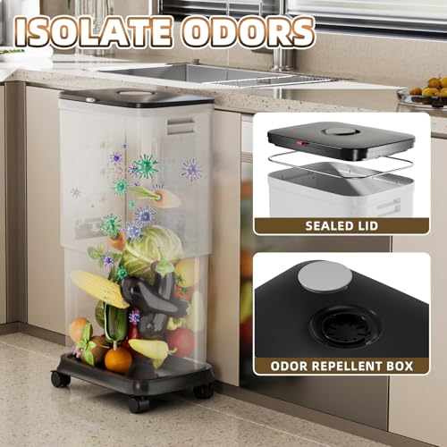 Image of Kitchen Trash Can with Lids and Wheels, 20l-45l Rolling Garbage Can with Adjustable Capacity /Height, Plastic Tall and Large Trash Bin, White Indoor TrashCan on Wheels, Movable Trash-Can