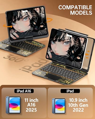 Image of Intermerge for iPad A16 11th (2025) & 10th Generation 10.9 inch Case with Keyboard, 360 Deg Transparent Multi-Touch Trackpad, 7-Color RGB Keyboard, Pencil Holder, Type-C, Shadow Pulse