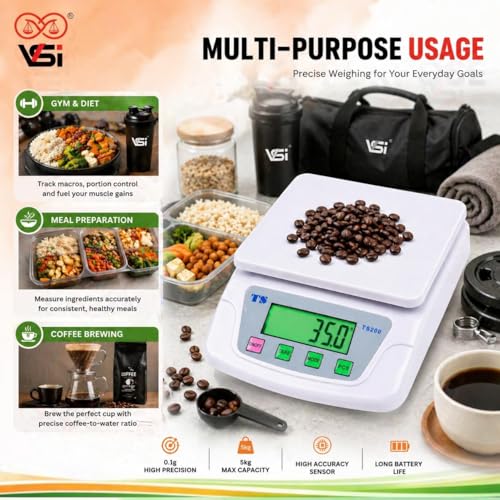 Image of VINAYAK SCALES Digital Weighing Scale 5kg x 0.1g (100mg) | High Precision Multi-Purpose Scale for Kitchen, Baking, Coffee, Food, Silver Jewellery & Crafts | Tare Function